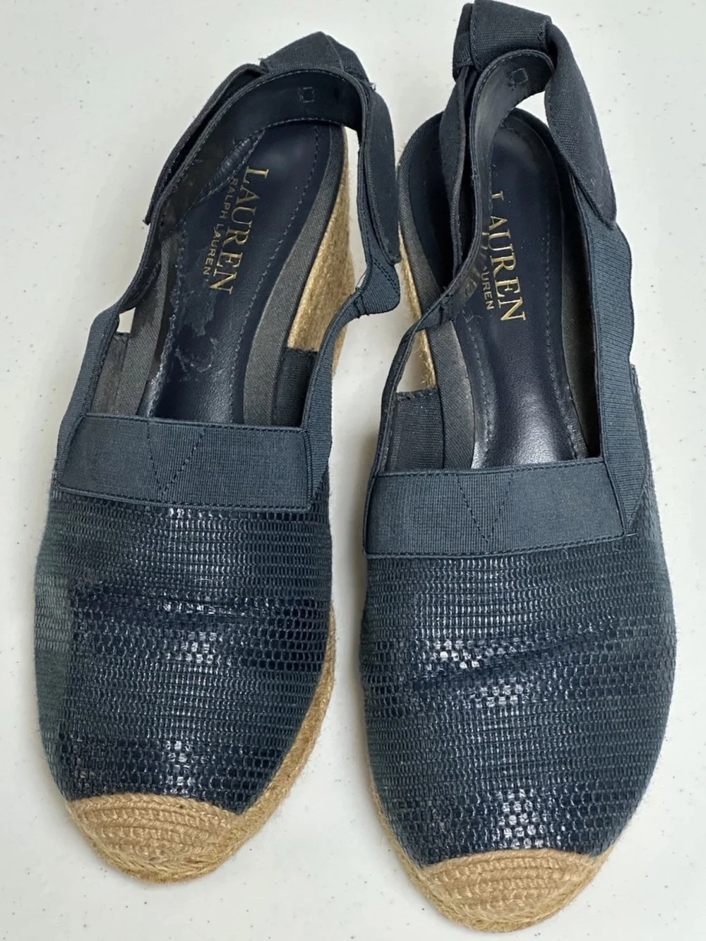 RALPH LAUREN Women’s Blue/Gold Burlap Mesh Wedge Shoe Size 9.5